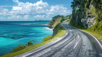 Rolling coastal highway hugging emerald cliffs overlooking a pristine aquamarine lagoon.