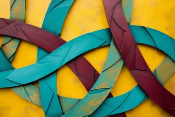 Fototapeta premium Colorful abstract painting with teal and red curvy brushstrokes on a bright yellow canvas background. Perfect for an art lover or anyone looking for a bold and modern piece
