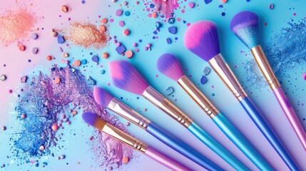 Fototapeta premium Makeup brush set with colorful cosmetics on background