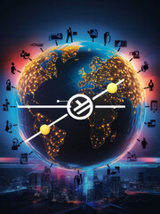 dynamic and innovative digital illustration of a globe connected with various technology and communication icons, symbolizing global connectivity