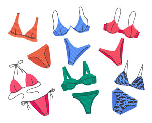 Fototapeta premium Stylish swimwear. Colorful swimming wear, bikini, bras and panties, women's beach fashion swimwear flat vector illustration set. Summer vacation female garments