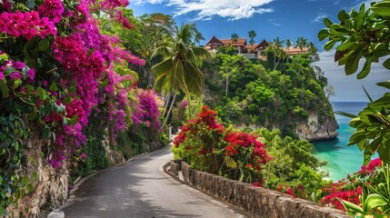 Serpentine jungle road lined with bougainvillea and bird-of-paradise flowers, leading to a luxury clifftop villa overlooking a jade-green bay.