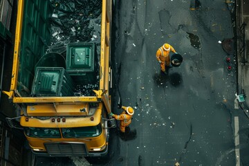 Garbage removal in a residential area, garbage trucks loaded with household garbage