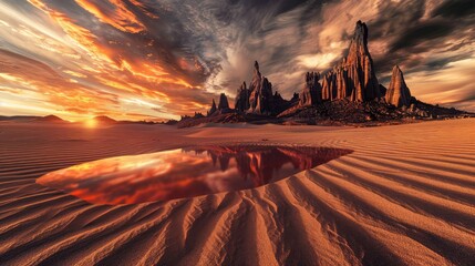 Stark basalt desert with towering spires and fiery sunset reflecting on otherworldly sand dunes.