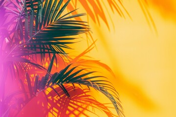 Tropical palm leaves swaying, casting shadows on yellow wall. Lively, summery atmosphere for designs. Bright, colorful palette evokes vacation paradise vibes. Embrace energy with trendy image
