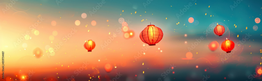 Wall mural minimalist background featuring simple, elegant outlines of paper lanterns against a soft gradient s - Wall murals
