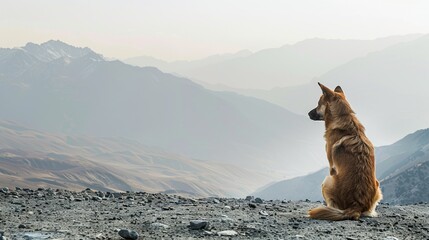Fototapeta premium Dog sitting in mountainous terrain gazes into the distance empty space available