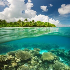 Unterwasserparadies: Tropische Insel und Sonnenstrahlen im klaren Wasser
