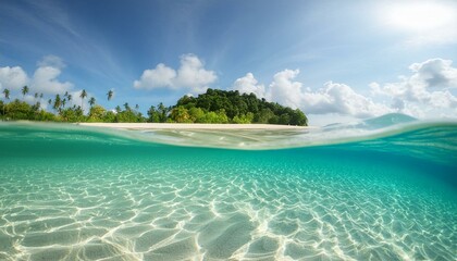 Fototapeta premium Traumhafte Unterwasserwelt: Feiner Sand und tropische Insel im Hintergrund 