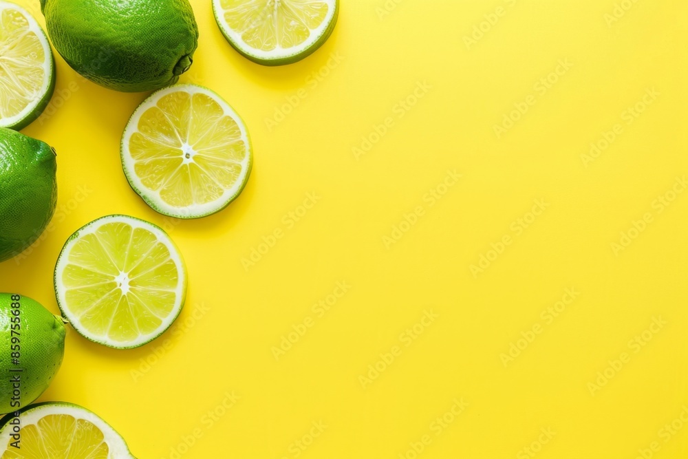 Poster sliced and whole limes are sitting on a bright yellow background, creating a refreshing and vibrant 