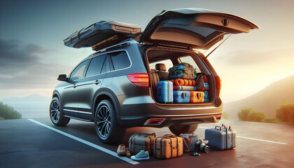 Family car cargo back side open door with bags and camping gear ready to travel. Futuristic imaginary vehicle neatly packed with travel bags, clamp tent and camping equipment for adventure.