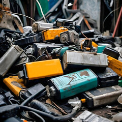 Pile of old spoiled depleted electric car batteries treated as garbage. Recycling and disposal. Toxic chemical EV car batteries waste. Threat to the environment.