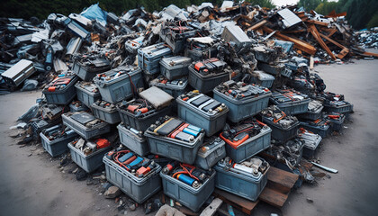 Pile of old spoiled depleted electric car batteries treated as garbage. Recycling and disposal. Toxic chemical EV car batteries waste. Threat to the environment.