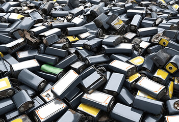 Fototapeta premium Pile of old spoiled depleted electric car batteries treated as garbage. Recycling and disposal. Toxic chemical EV car batteries waste. Threat to the environment.