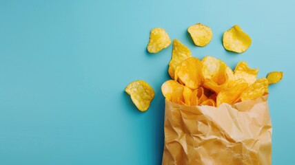 Crisp, salted potato chips spilling from brown paper bag