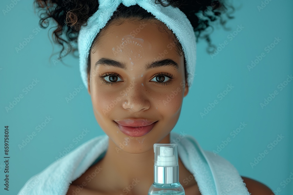 Wall mural Young African American woman doing skincare routine with micellar water and cotton pad