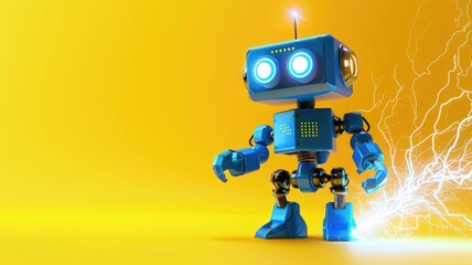 Blue robot with glowing eyes and yellow background