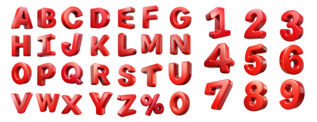 Red 3d alphabet set letters and numbers