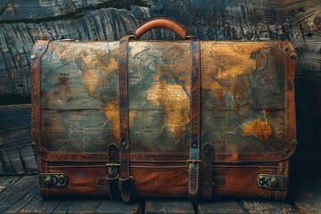 The image displays a vintage-style leather suitcase with an intricate world map design, set against...