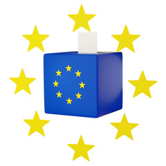 blue voting box and white ballot paper in the ballot box. surrounded by the yellow stars of the flag of Europe. concept as European elections, isolated 3d illustration

