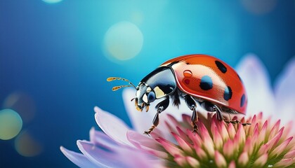 Fototapeta premium ladybug on a flower with blue background, image shot from the profile; colorful and magnific