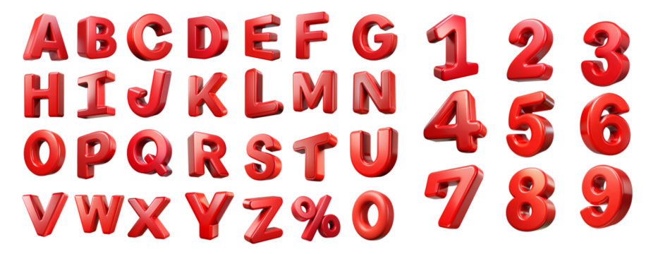 Red 3d alphabet set letters and numbers