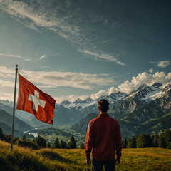 A view of Switzerland and a man standing in front of the Swiss flag. 