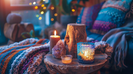 A cozy indoor scene with candles and crystals, perfect for relaxation and meditation