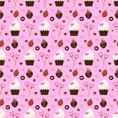Chocolate covered strawberries and sweet muffins with airy cream. Seamless pattern. Sweets for Valentines Day. Pink background. Vector illustration