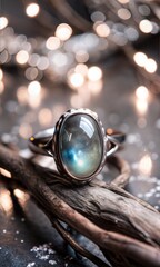 Obraz premium Sparkling Labradorite Gem Ring: Capturing the Elegance of an Intricately Designed Gothic Modern Ring with elegant backdrop