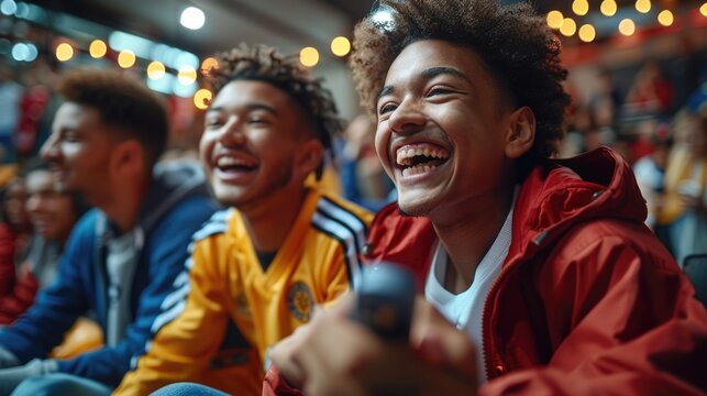 Football frenzy: fans enjoying a football match on the tv at home, show the camaraderie of sports enthusiasts bonding over live matches, beers, and popcorn.