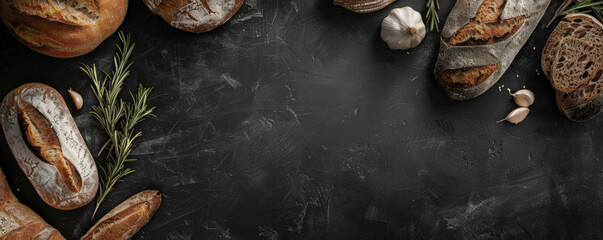 A black slate background showcasing different bread types, like pumpernickel, baguettes, and sourdough, with sprigs of rosemary and garlic cloves. Dark, moody colors enhance the texture.