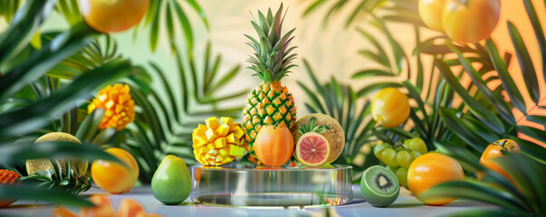 Fototapeta premium A chic fruit-themed podium setup with a glass podium surrounded by tropical fruits and lush greenery. The background includes a gradient of sunny, warm colors.