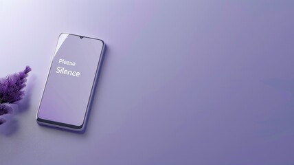 Smartphone on table with "Please Silence" screen next to flowers