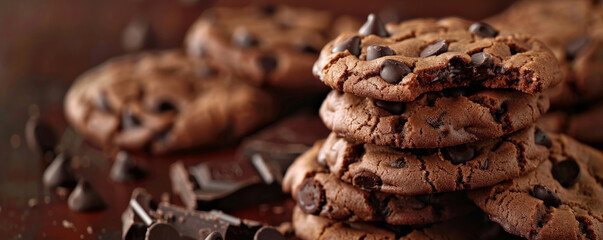 Obraz premium A classic chocolate background with a stack of chocolate chip cookies, with a few broken pieces revealing gooey chocolate chips inside. The backdrop is warm and inviting.