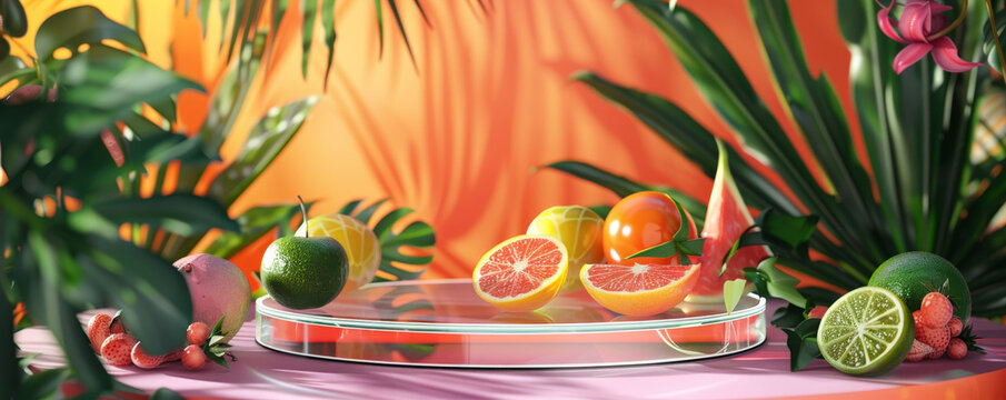 A chic fruit-themed podium setup with a glass podium surrounded by tropical fruits and lush greenery. The background includes a gradient of sunny, warm colors.