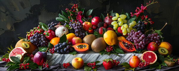 A luxurious fruit podium scene with a marble podium surrounded by a mix of exotic fruits. The background includes rich, dark colors and elegant floral accents.