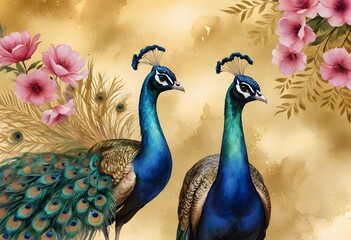 Two Peacocks in a Watercolor Setting