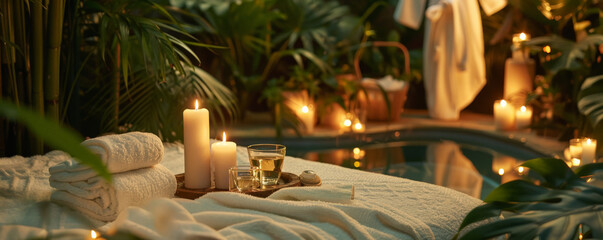 A luxurious spa setup with a plush robe, slippers, and a tray of herbal tea, surrounded by candles and tropical plants. The ambiance is warm and inviting.