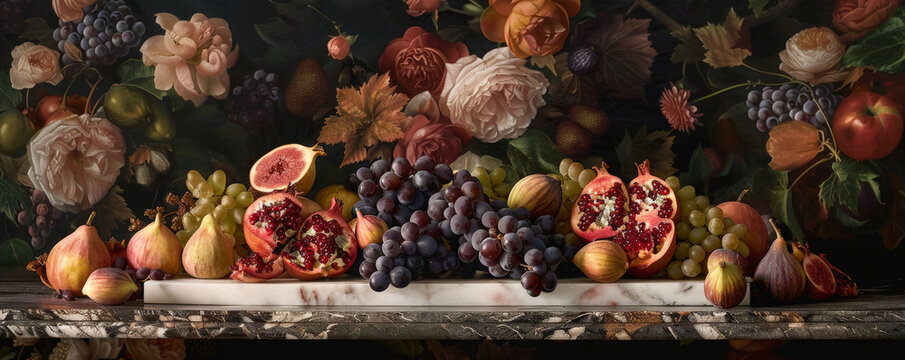 A luxurious fruit-themed podium setup with a marble podium surrounded by an arrangement of grapes, figs, and pomegranates. The background includes rich, dark colors and elegant floral accents.