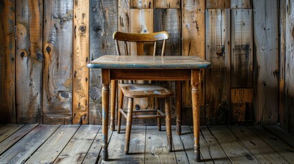 Vintage wooden table and chair stock image