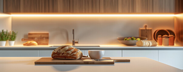 A modern kitchen island with freshly baked bread, a cutting board, and a bread knife. Bright, clean lighting for a sophisticated look.