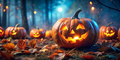 Fototapeta premium Background on the Theme - Halloween. Atmospheric Halloween scene featuring carved pumpkins with glowing faces, surrounded by various gourds, lit candles, and eerie decorations.