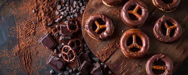 A rustic chocolate background featuring a selection of chocolate-coated pretzels and biscuits, arranged on a wooden board with a backdrop of scattered cocoa powder.