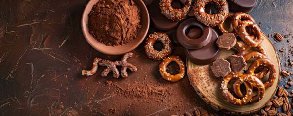 A rustic chocolate background featuring a selection of chocolate-coated pretzels and biscuits, arranged on a wooden board with a backdrop of scattered cocoa powder.