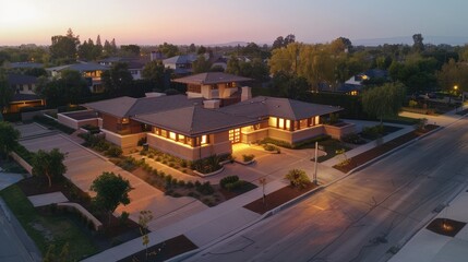 Fototapeta premium Aerial view capturing the peaceful ambiance of a suburban dawn, with a Craftsman style house in sandy beige, surrounded 