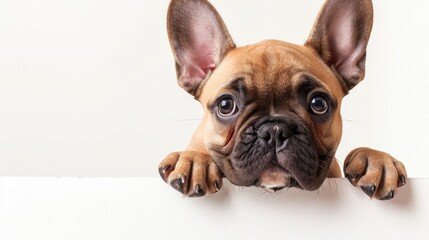 Fearful French bulldog puppy gazes above blank white banner on white backdrop
