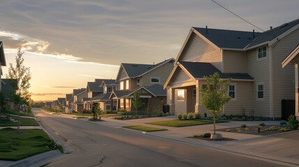 The serene ambiance of a suburban morning, a Craftsman style house in sandy beige under the soft light of dawn, suburban streets in a row empty, suburban quiet noticeable.