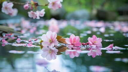 Pink cherry blossoms reflected in serene pond with soft light