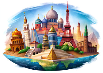 A cartoon representation of iconic global landmarks